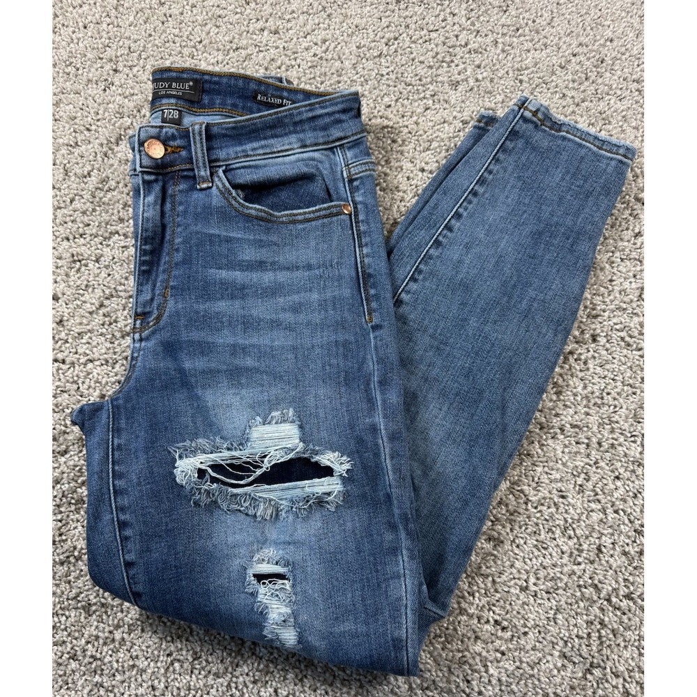 Judy Blue Relaxed Fit Jeans Denim Stretch‎ Distressed Destroyed Womens 7 28